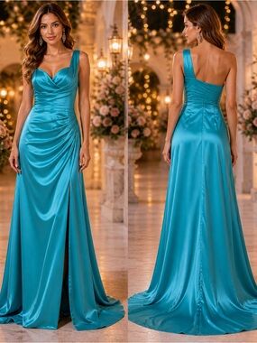 Elegant Teal Satin One-Shoulder Prom Dress with Draped Skirt